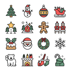 Fototapeta premium Colorful Christmas Icon Set Featuring Santa Claus Snowman Christmas Tree Gingerbread Man and Other Festive Symbols
