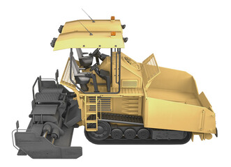 Professional asphalt paver finisher machine for road construction. Heavy-duty tracked equipment with operator cabin and screed system for pavement laying projects. 3d rendering