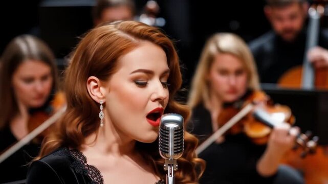 Red-haired vocalist performing live with a vintage microphone, accompanied by a classical orchestra, capturing powerful artistic expression on stage