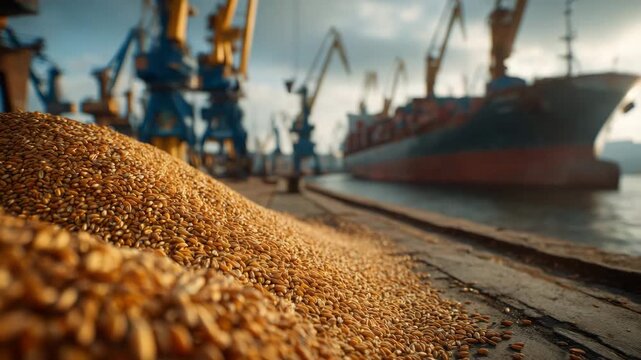 Close-up of wheat grain pile at industrial port with cargo ship and cranes in background