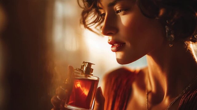 Elegant woman spraying luxury perfume in warm sunset light, close-up beauty portrait
