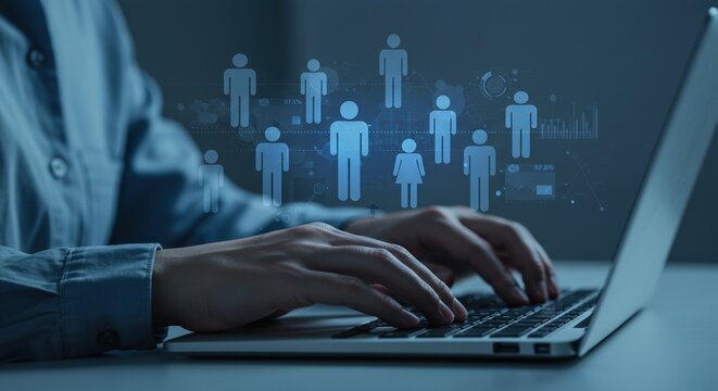 Person Using Laptop with Human Icons, Data Visualization. - Powered by Adobe