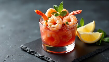 Photorealistic shrimp cocktail in minimal style, neutral tones, served in glass bowl with lemon wedges on slate plate, great for menu design and ads