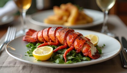 Photorealistic grilled lobster tail in luxury style, warm tones, with butter sauce, lemon slice, elegant cutlery on linen tablecloth for upscale menus