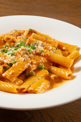 A closeup view of rigatoni in pink sauce.