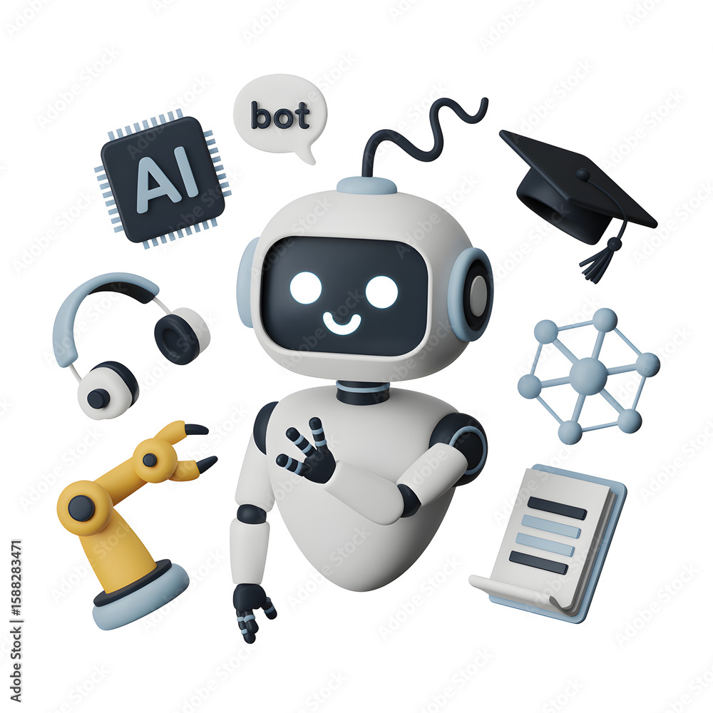 Poster cheerful learning robot welcomes you to the future of artificial intelligence with a graduation cap 