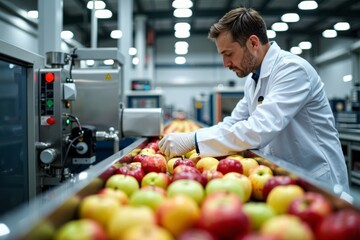 Fototapeta premium Close-up of a food processing expert in a clean lab coat inspecting a conveyor belt of freshly harvested produce with machinery in motion