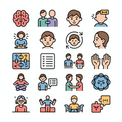 Colorful Vector Icons Set Depicting Mental Health Therapy Counseling Brain Puzzle Teamwork Checklist Communication Sadness Stress Relaxation Meditation Support Group Session