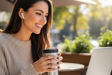 A smiling woman having a remote video call using wireless earbuds at an outdoor cafe table. Holding a coffee cup and working with a laptop. Casual atmosphere and warm daylight.