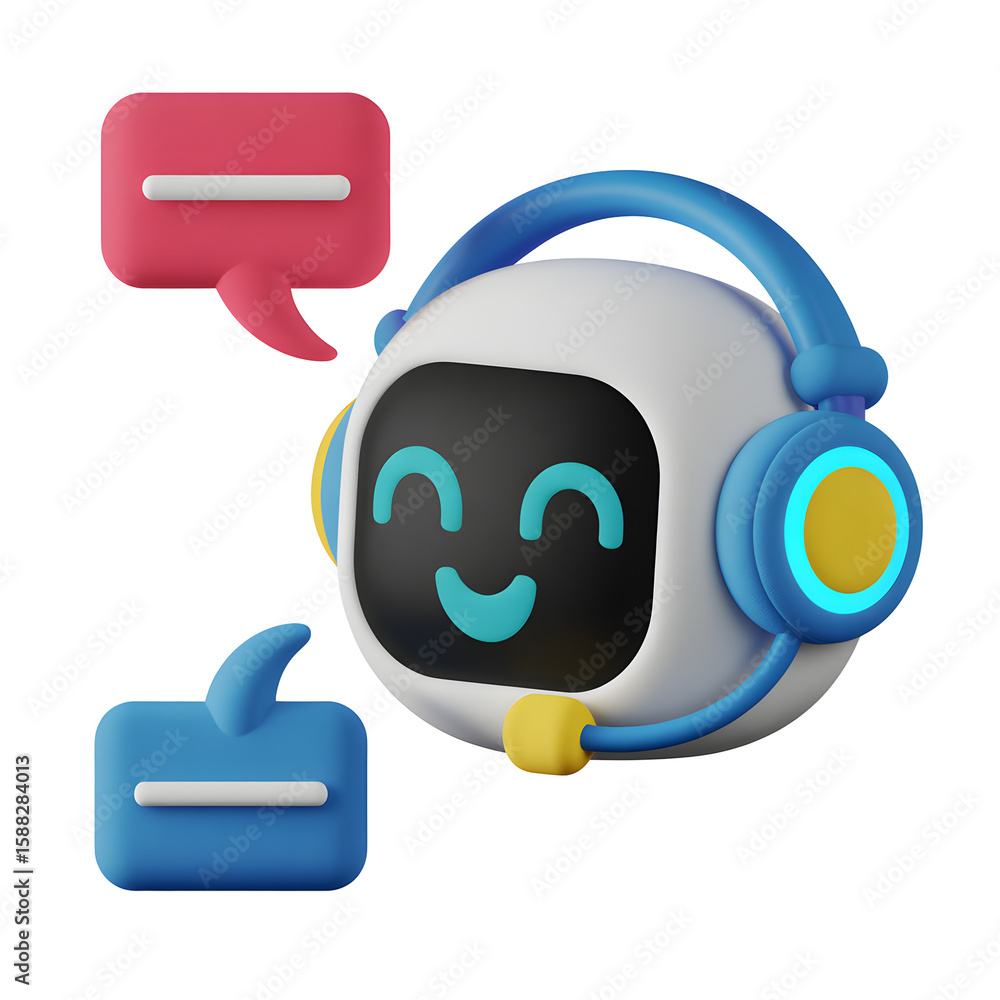 Fototapete cheerful robot assistant with headphones provides support using chat bubbles in a clean, modern and 