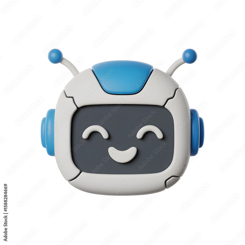 Poster friendly robot with a happy face, perfect for illustrations in technology and artificial intelligenc