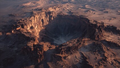 Aerial view of a cratered, arid landscape