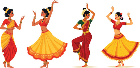 Two elegant Indian dancers, one posed in Bharatanatyam and the other in Kathak