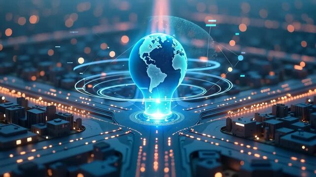Futuristic technology showcases glowing earth as central element in detailed cityscape. Futuristic technology illuminates global network,