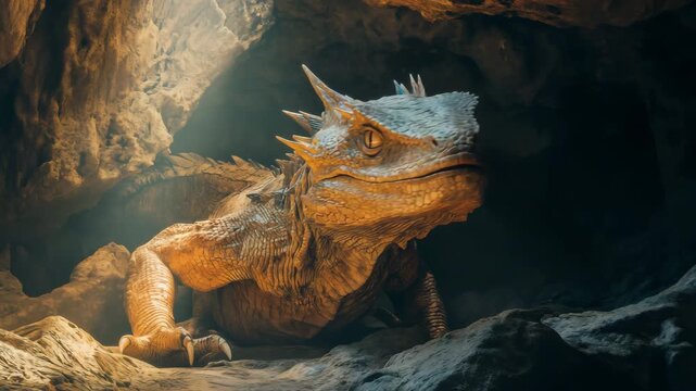 Fantasy dragon creature resting inside a rocky cave with sunlight streaming in