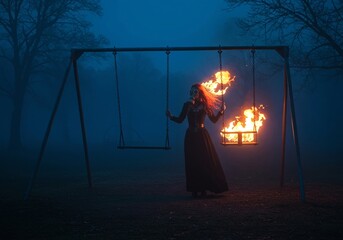 Gothic Woman in Gas Mask Behind Flaming Swing in Foggy Apocalyptic Playground