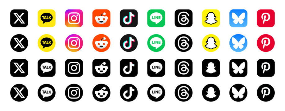 Social media network icons logo vector. Instagram, Reddit, Line, X , TikTok, BlueSky, Threads, Pinterest, Snapchat, KakaoTalk