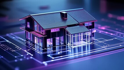 Futuristic digital house model with blueprint overlay, showcasing innovative architecture and design - Powered by Adobe
