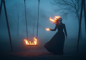 Gothic Woman in Gas Mask Behind Flaming Swing in Foggy Apocalyptic Playground