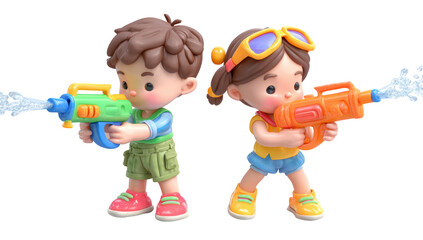 Cartoon kid hold water gun isolated 3d mockup without background using for Songkran festival purpose.