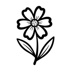 A black and white illustration of a single daisy with two leaves hand drawing vector illustration
