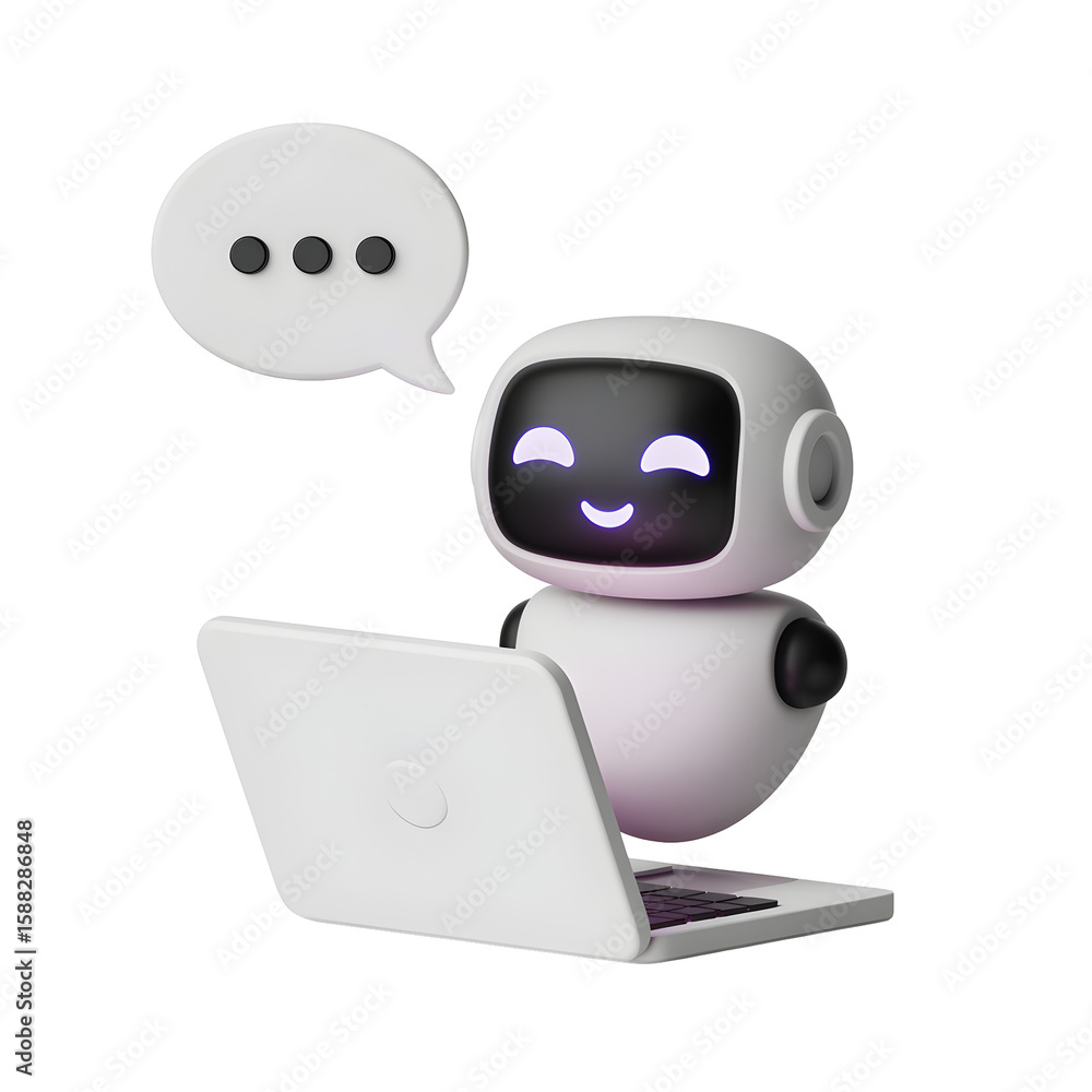 Poster cute 3d robot working on a laptop and with speech bubble icon, illustrating artificial intelligence 