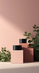 Fototapeta premium Pink podiums, black jars, greenery