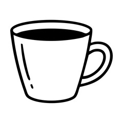 A black and white line drawing of a coffee mug filled with coffee hand drawing vector illustration