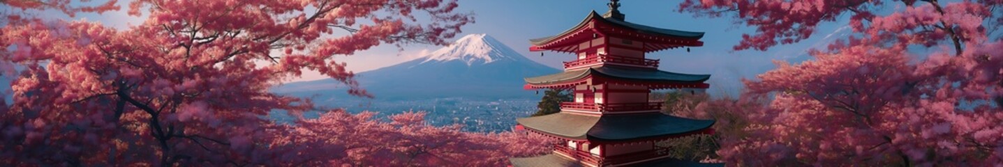 wide panorama view on Chureito Pagoda in cherry blossom season