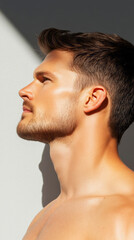 Fototapeta premium Male Model Profile with Strong Jawline and Natural Light Holding a Thoughtful Expression