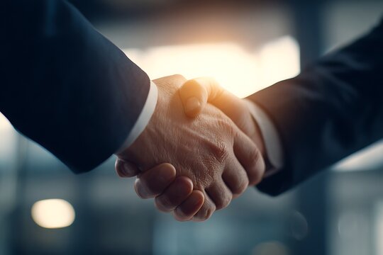 Business handshake showing cooperation and success between partners in a professional corporate setting emphasizing agreement.