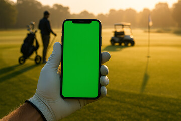 A golfer's gloved hand holding a smartphone with a green screen mockup on a morning golf course with caddy, golf cart, bag, and hole in background.