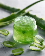 Fresh aloe vera gel in a jar with sliced leaves showcases the natural beauty and healing properties of the plant.