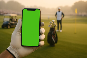 A golfer's gloved hand holding a smartphone with a green screen mockup on a morning golf course with caddy, golf cart, bag, and hole in background.
