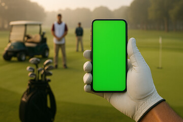 A golfer's gloved hand holding a smartphone with a green screen mockup on a morning golf course with caddy, golf cart, bag, and hole in background.
