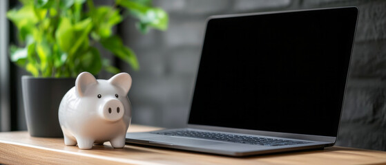 Modern Workspace with Laptop and Piggy Bank Surrounded by Green Plant on Wooden Desk