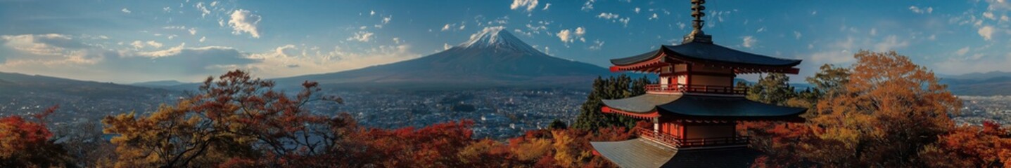wide panorama view on Chureito Pagoda in autumn season