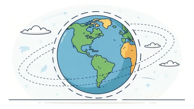 Animated cartoon earth globe spinning with clouds and dashed orbit lines representing global travel or communication concept with a clean modern flat design style perfect for explainer 4K Ai HD video.
