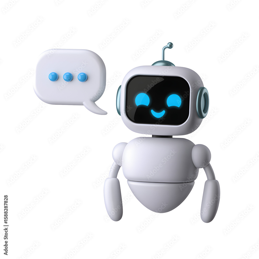 Aufkleber a friendly white robot with a glowing face is communicating via a speech bubble on a transparent bac