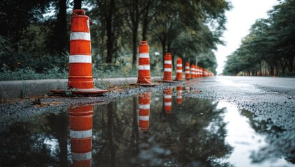 Orange traffic cones reflected in puddle