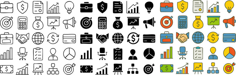 Collection of hand-drawn business and finance icons in outline glyph and color styles Doodle-style symbols for marketing office and strategy concepts.