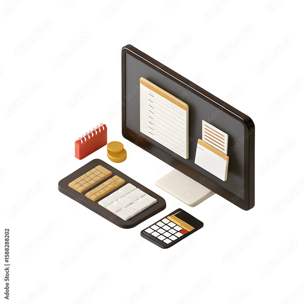 Aufkleber isometric computer with financial documents isolated on a transparent background