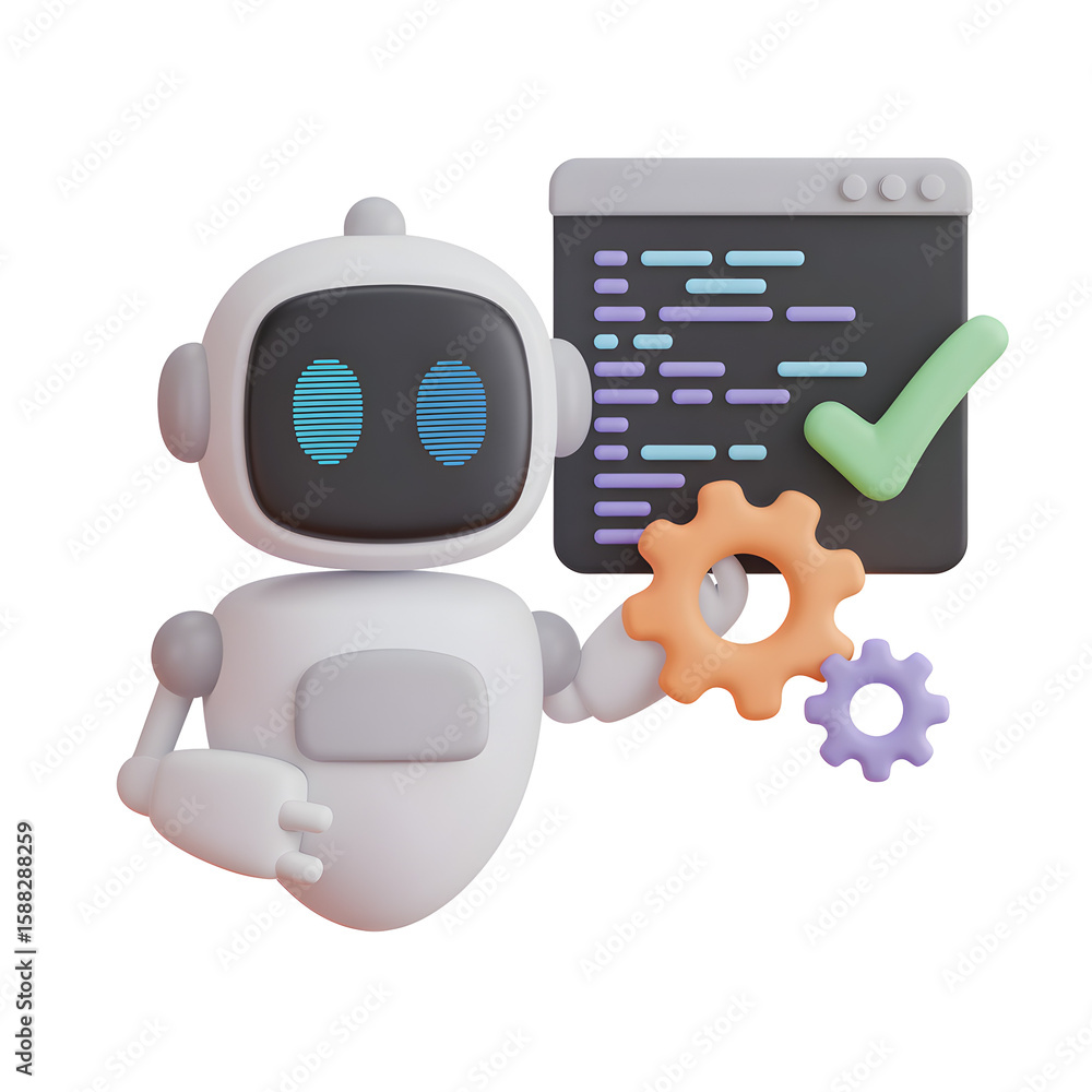Poster a cute white robot is coding with gears, showing a checkmark on the screen, all on a transparent bac