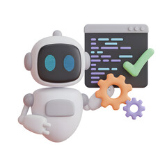 A cute white robot is coding with gears, showing a checkmark on the screen, all on a transparent background.
