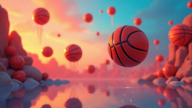 Floating basketballs in a surreal landscape at sunset.