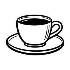 Black and white illustration of a coffee cup with a saucer hand drawing vector illustration