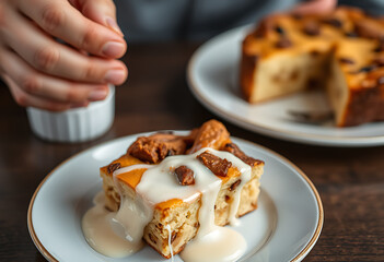 A piece of bread pudding is drizzled with creamy vanilla sauce