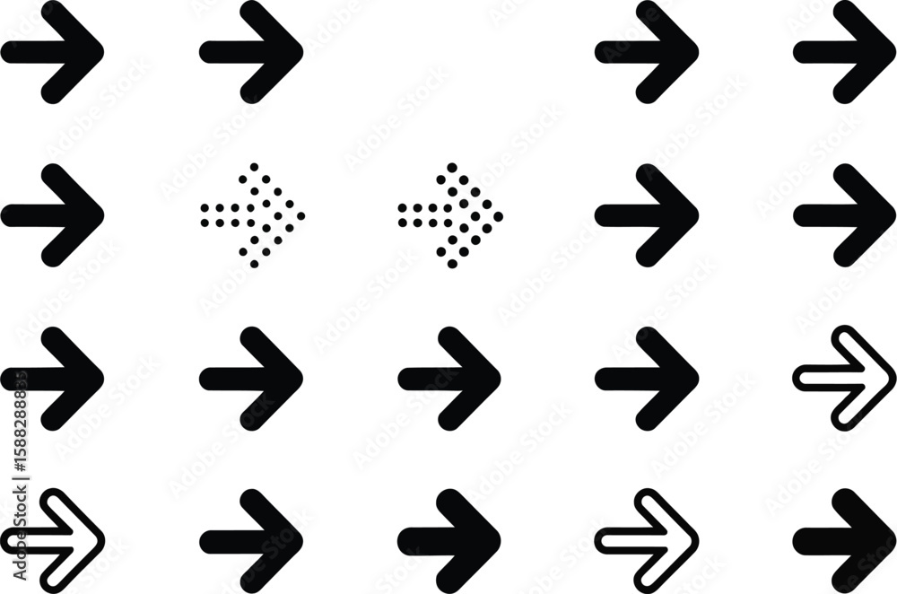 Poster assortment of right pointing arrows in various styles on a white background
