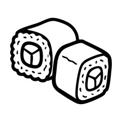 Black and white line drawing of two sushi rolls hand drawing vector illustration