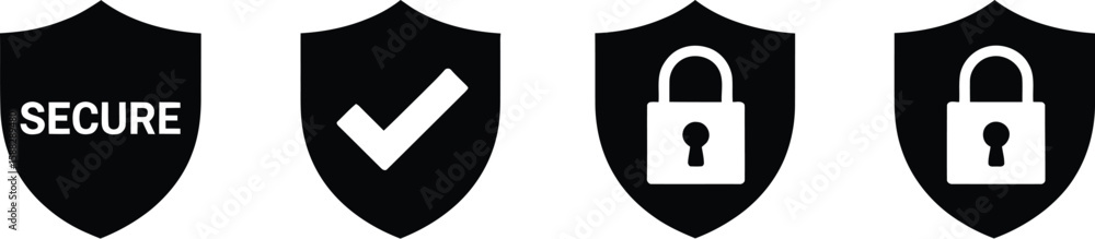 Poster four security icons in black and white showing secure checkmark and padlock symbols